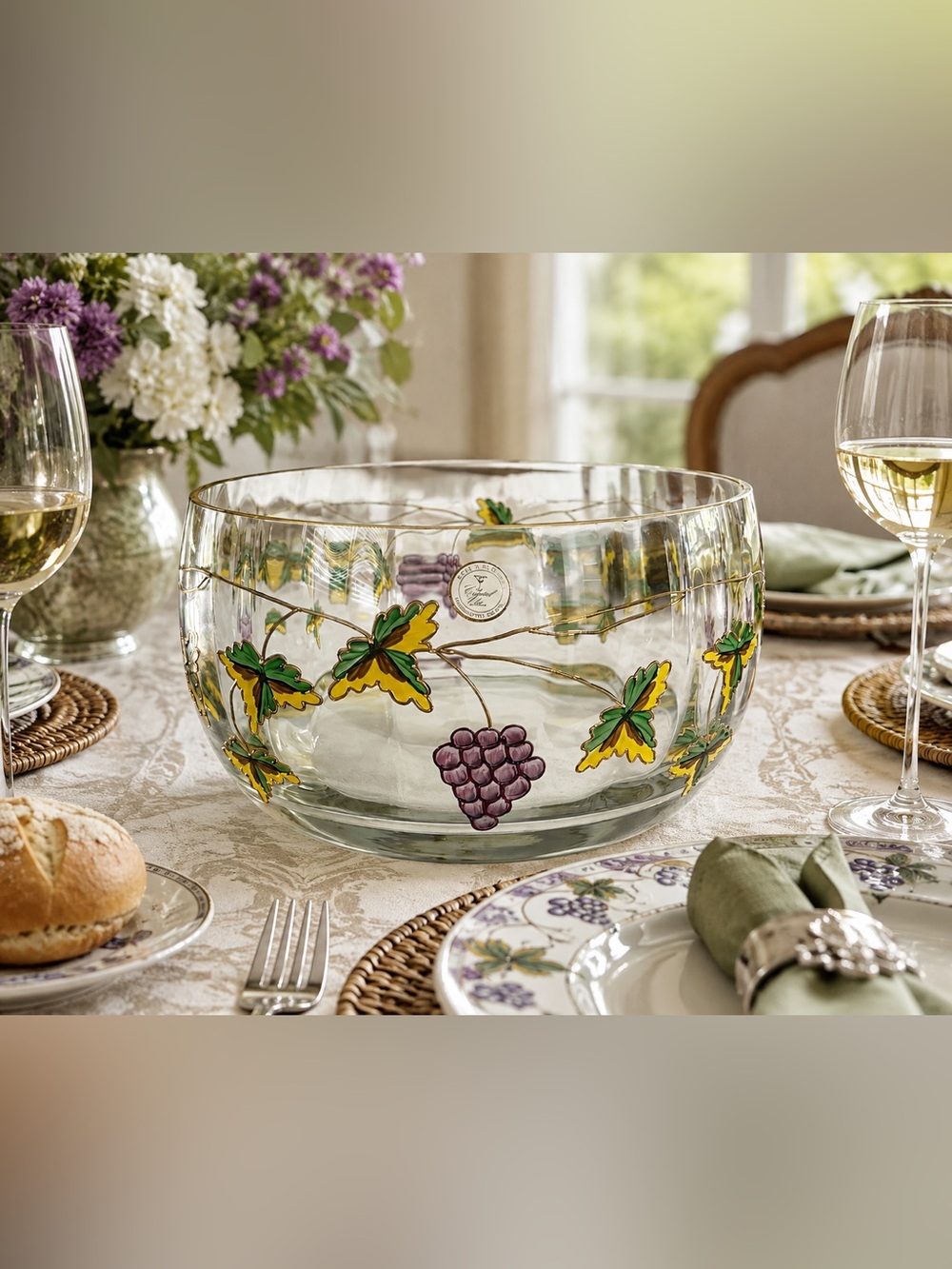 Romanian Certified International Grapevine hand-painted glass serving bowl